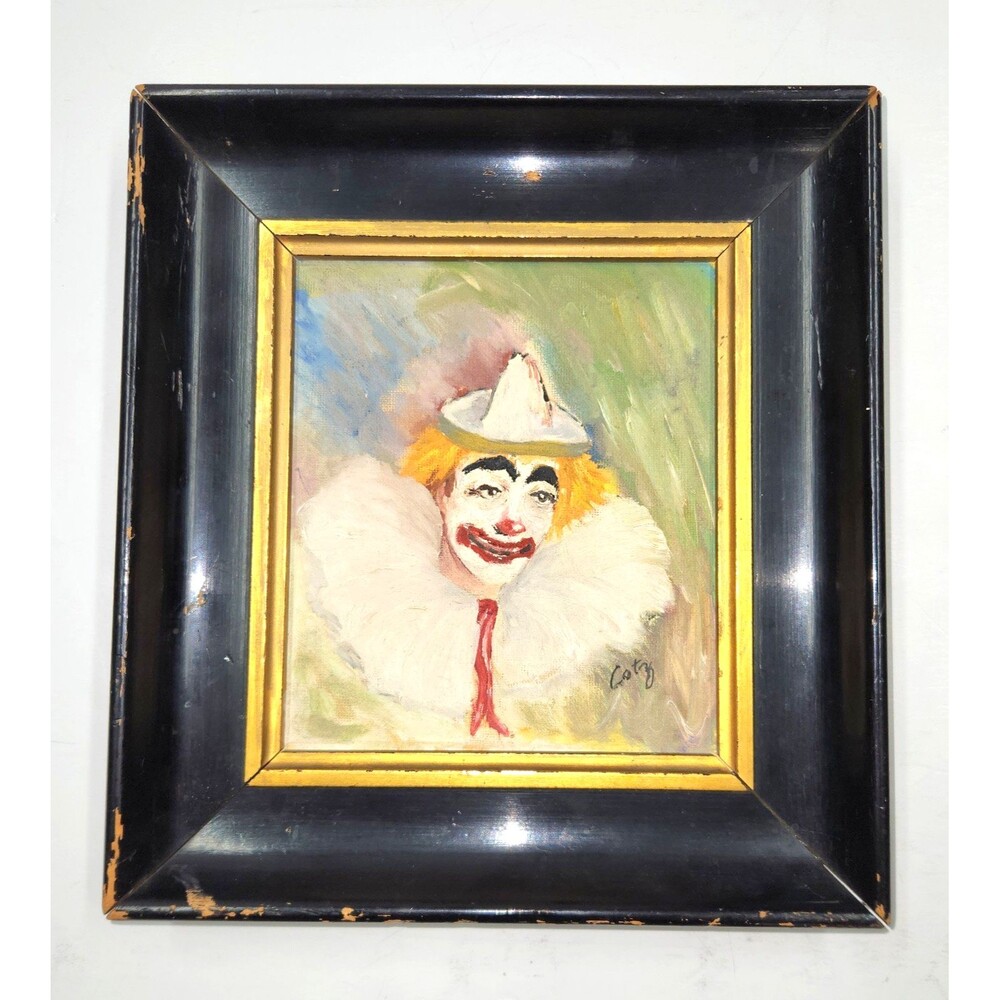 VTG Clown Oil Painting Original Small Coty or Cotez White Red Creepy 9.5 x 10.5